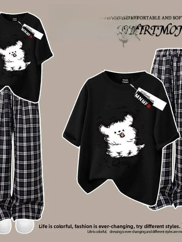 plus Size Casual Cartoon Short Sleeve Set Women Summer Plaid Wide Leg Pants Student Two Piece Set Comfortable Loose Fit T-Shirt
plus Size Casual Cartoon Short Sleeve Set Women Summer Plaid Wide Leg Pants Student Two Piece Set Comfortable Loose Fit T-Shirt