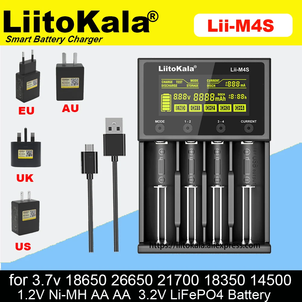LiitoKala Lii-M4S Многофункциональное зарядное устройство для литий-ионных аккумуляторов 3,7 В 1,2 В Ni-MH 18650 26650 21700 14500 18350 AA AAA A C аккумуляторов
LiitoKala Lii-M4S Многофункциональное зарядное устройство для литий-ионных аккумуляторов 3,7 В 1,2 В Ni-MH 18650 26650 21700 14500 18350 AA AAA A C аккумуляторов