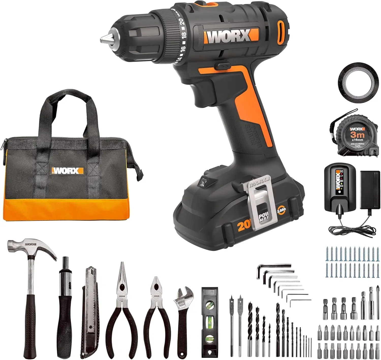 20V 3/8" Cordless Drill with 84pc Accessory Kit, Variable 2-Speed Drill Set 265 In-Lbs Torque 20+1 Clutch, Lightweight Compact D
20V 3/8" Cordless Drill with 84pc Accessory Kit, Variable 2-Speed Drill Set 265 In-Lbs Torque 20+1 Clutch, Lightweight Compact D