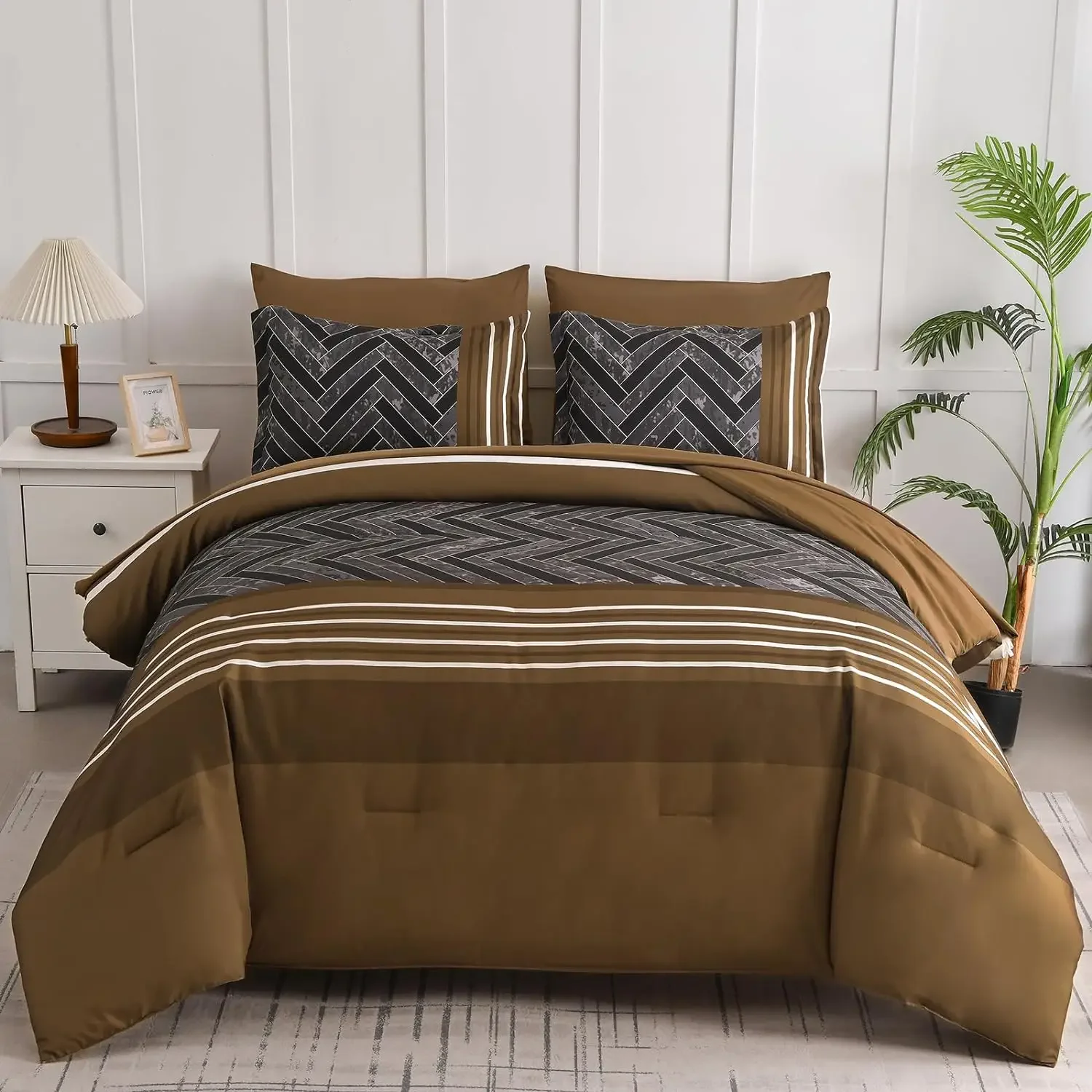 Brown Comforter Set Queen Size, 7 Pieces Stripe Geometric Bed in a Bag, Soft Microfiber Brown Comforter and Sheet Set
Brown Comforter Set Queen Size, 7 Pieces Stripe Geometric Bed in a Bag, Soft Microfiber Brown Comforter and Sheet Set