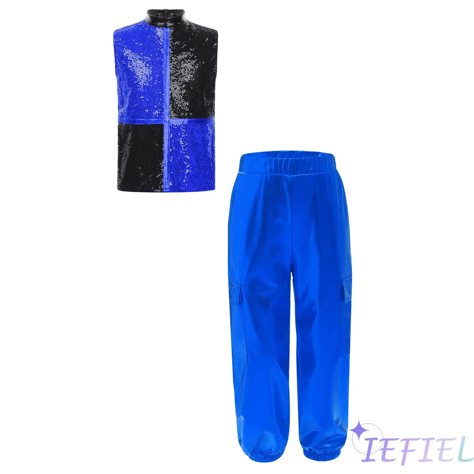 Kids Boys Jazz Hip-hop Dance Outfits Sleeveless Shiny Sequins Top with Metallic Cargo Pants for Stage Street Dance Competition
Kids Boys Jazz Hip-hop Dance Outfits Sleeveless Shiny Sequins Top with Metallic Cargo Pants for Stage Street Dance Competition
