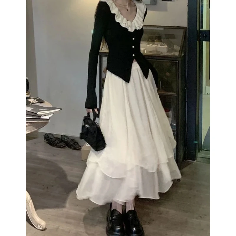 Women's French Spring Autumn Graceful Black Slim Tops White Skirts Two Piece Suits Lady Long Sleeve Shirt Skirt Outfits 2025
Women's French Spring Autumn Graceful Black Slim Tops White Skirts Two Piece Suits Lady Long Sleeve Shirt Skirt Outfits 2025