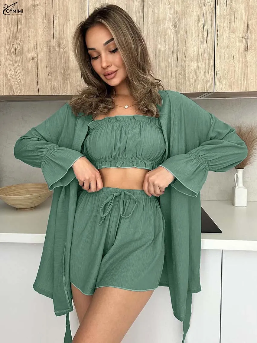 Oymimi Elegant Green 3 Pieces Set For Woman Casual Long Sleeve Lace-Up Shirts And Strapless Crop Tops + Drawstring Shorts Sets
Oymimi Elegant Green 3 Pieces Set For Woman Casual Long Sleeve Lace-Up Shirts And Strapless Crop Tops + Drawstring Shorts Sets