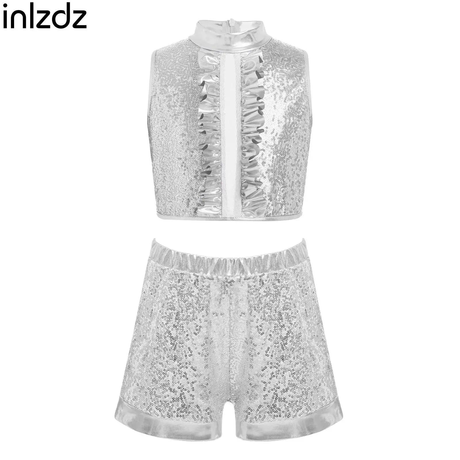 Girls Jazz Dance Set Mock Neck Sequin Metallic Patchwork Back Crop Top with Matching Shorts for Music Festval Disco Performance
Girls Jazz Dance Set Mock Neck Sequin Metallic Patchwork Back Crop Top with Matching Shorts for Music Festval Disco Performance