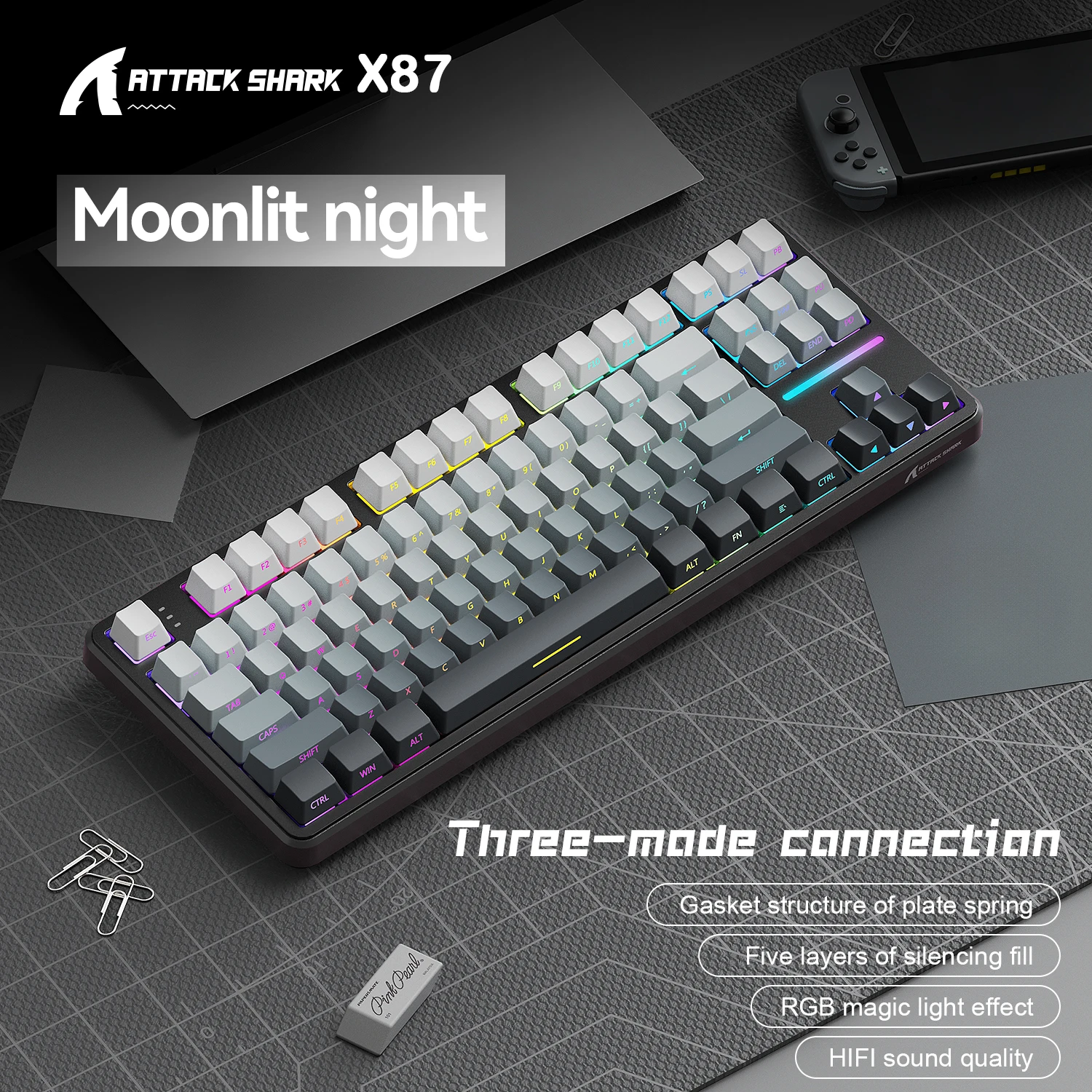 Attack Shark X87 Wireless Gaming Keyboard, Gasket, RGB Backlit, Hot-Swap, 3-Mode Connectivity, Large Battery, Compact TKL Layout
Attack Shark X87 Wireless Gaming Keyboard, Gasket, RGB Backlit, Hot-Swap, 3-Mode Connectivity, Large Battery, Compact TKL Layout