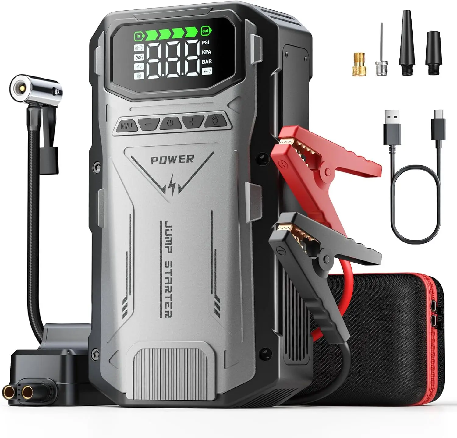 Jump Starter with Air Compressor 4000A Portable Car Battery Charger Jump Box 150PSI Tire Inflator and Battery Jumper Pack
Jump Starter with Air Compressor 4000A Portable Car Battery Charger Jump Box 150PSI Tire Inflator and Battery Jumper Pack