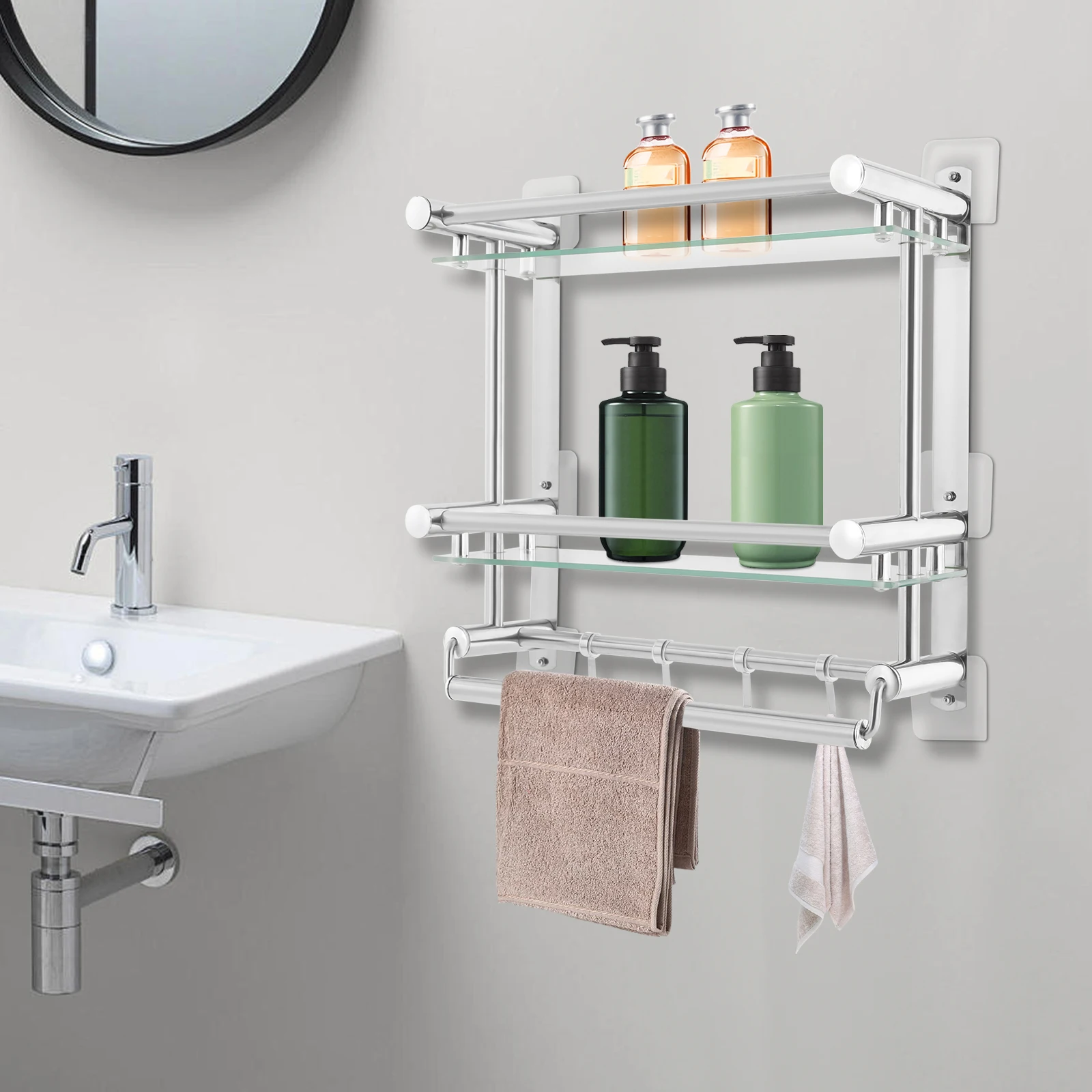 2-х уровневая полка для ванной комнаты с вешалкой для полотенец и крючками, грузоподъемность 20 кг для организации ванной комнаты и кухни, экономия места и аккуратного хранения
2-х уровневая полка для ванной комнаты с вешалкой для полотенец и крючками, грузоподъемность 20 кг для организации ванной комнаты и кухни, экономия места и аккуратного хранения