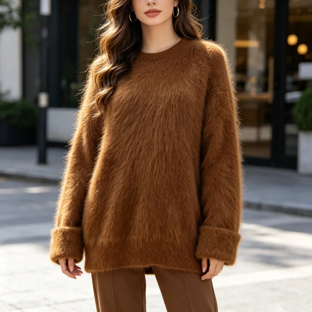 Women Mujer Autumn Winter Clothing Hairy Mink Cashmere Knitted O-Neck Long Sleeves Loose Pullover Angora Fur Sweater Jumper Pull
Women Mujer Autumn Winter Clothing Hairy Mink Cashmere Knitted O-Neck Long Sleeves Loose Pullover Angora Fur Sweater Jumper Pull