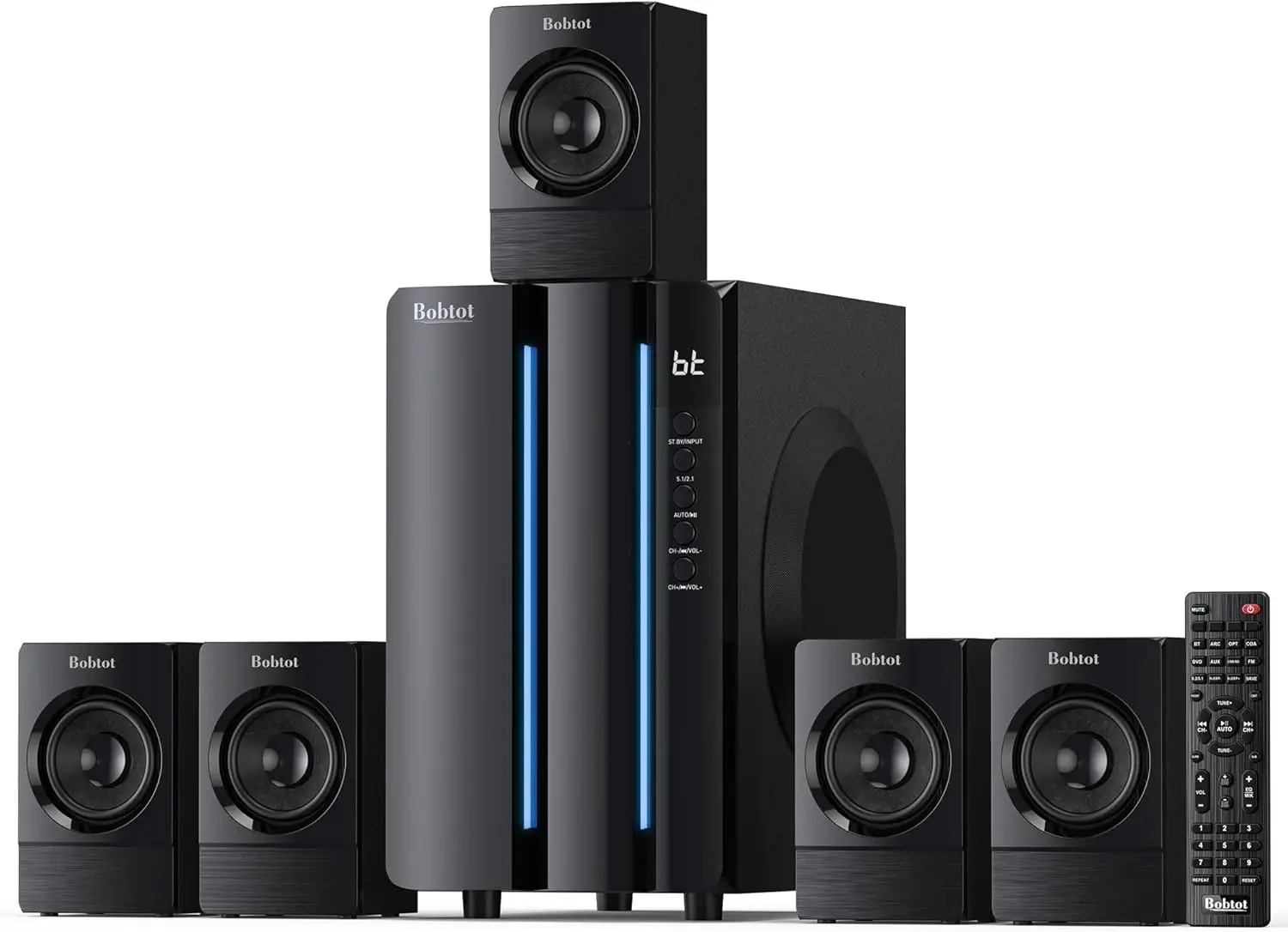 5.1 Surround Sound System 800W Peak Home Theater with 6.5" Subwoofer Bluetooth ARC Optical AUX
5.1 Surround Sound System 800W Peak Home Theater with 6.5" Subwoofer Bluetooth ARC Optical AUX
