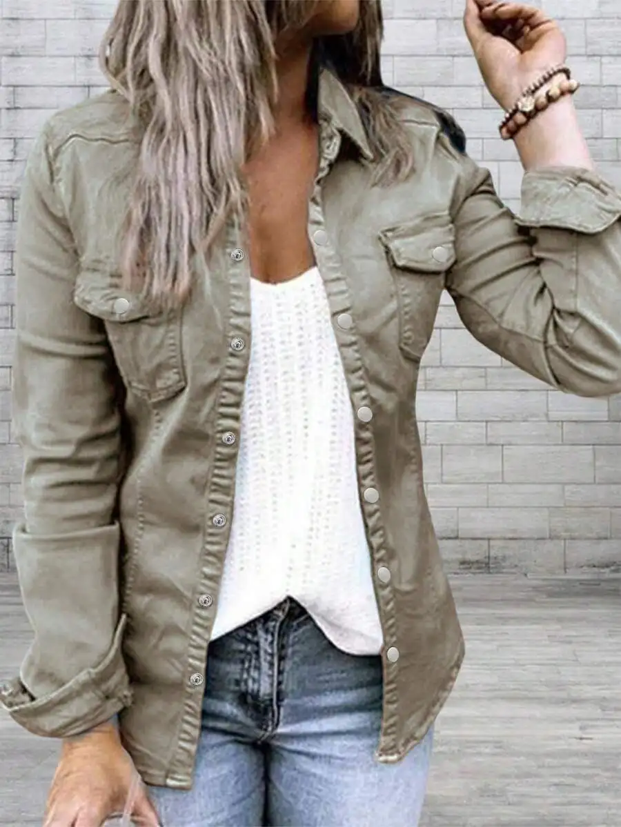 Womens Khaki Button-Up Shirt With Front Pockets Casual Long Sleeve Top
Womens Khaki Button-Up Shirt With Front Pockets Casual Long Sleeve Top