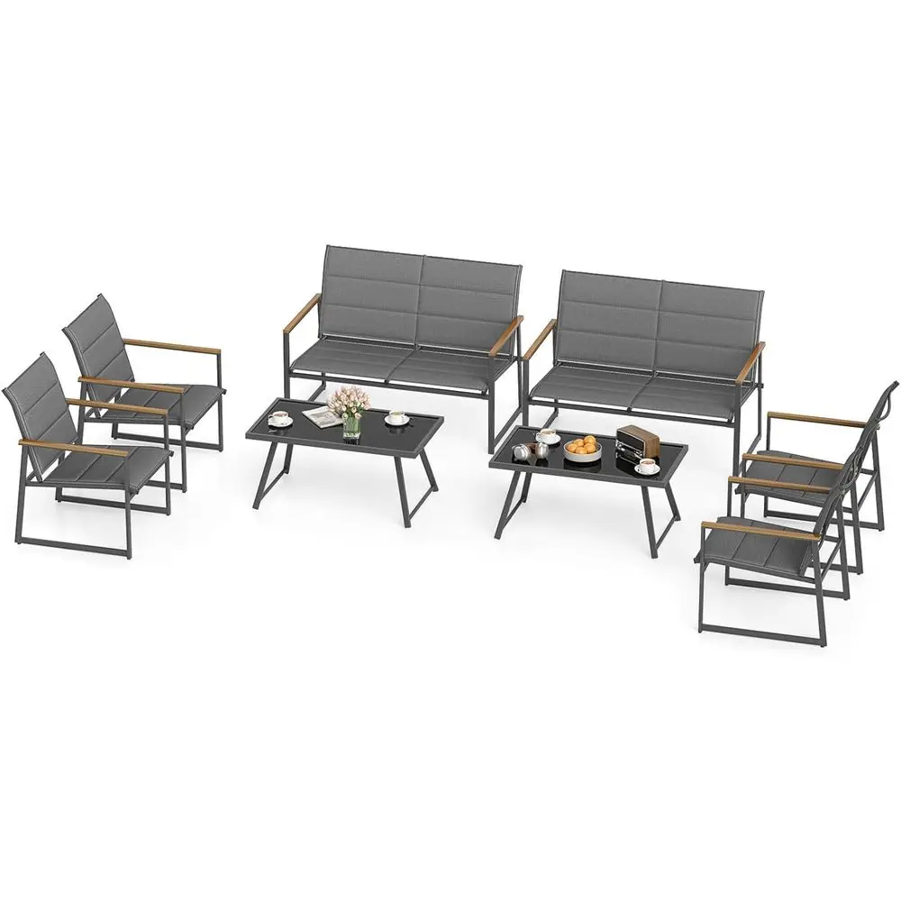 8-Piece Outdoor Metal Patio Furniture Set with Cushioned Seats and Wood-Plastic Armrests, Gray Sectional Sofa with Tempered Glas
8-Piece Outdoor Metal Patio Furniture Set with Cushioned Seats and Wood-Plastic Armrests, Gray Sectional Sofa with Tempered Glas