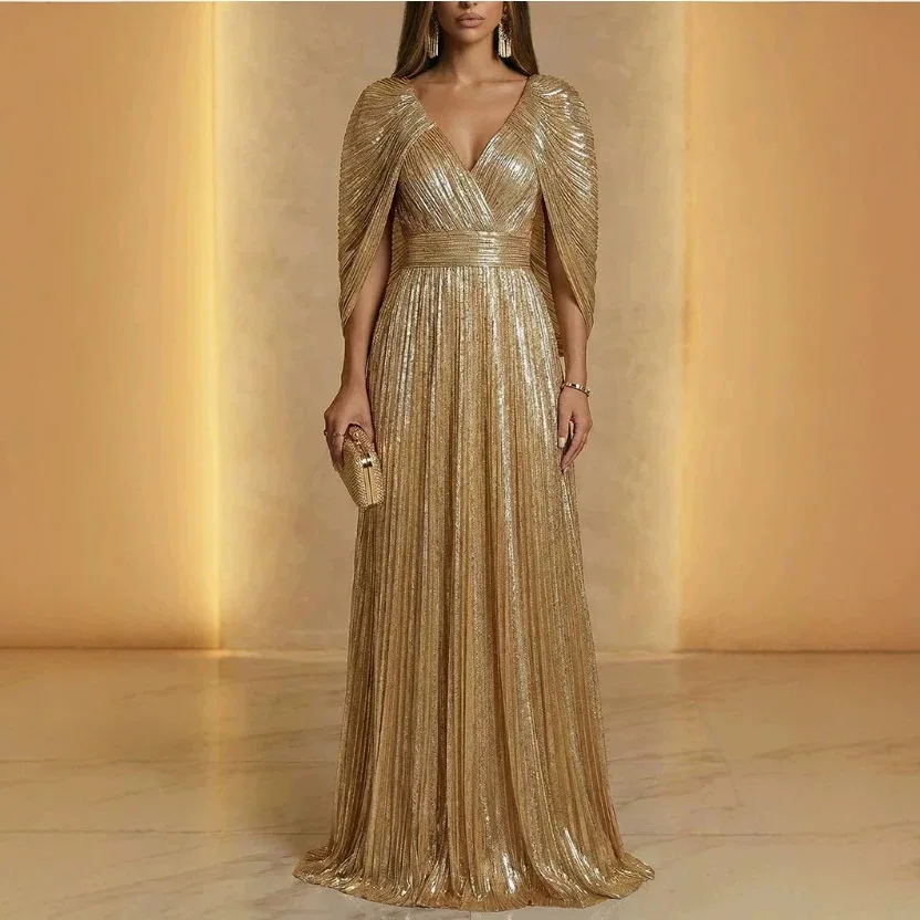 QMANSHA Custom Gold Sequin Pleated Evening Dress Cape Sleeve V-Neck A-Line Formal Prom Gown Plus Size for Women Party Dress
QMANSHA Custom Gold Sequin Pleated Evening Dress Cape Sleeve V-Neck A-Line Formal Prom Gown Plus Size for Women Party Dress