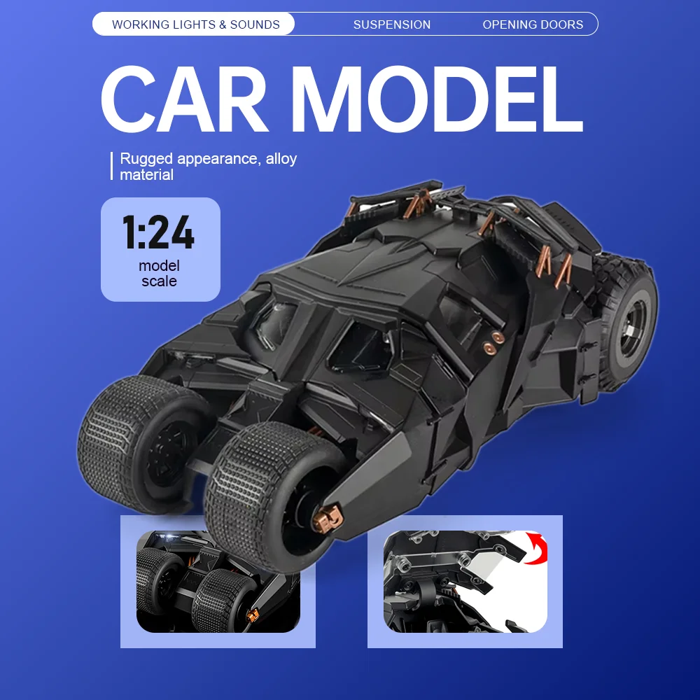 1:24 Scale Batmobile Car Alloy Diecast Miniature Model Toy Sound Light Doors Opened Shock Absorption Vehices Cool Gifts for Boys
1:24 Scale Batmobile Car Alloy Diecast Miniature Model Toy Sound Light Doors Opened Shock Absorption Vehices Cool Gifts for Boys