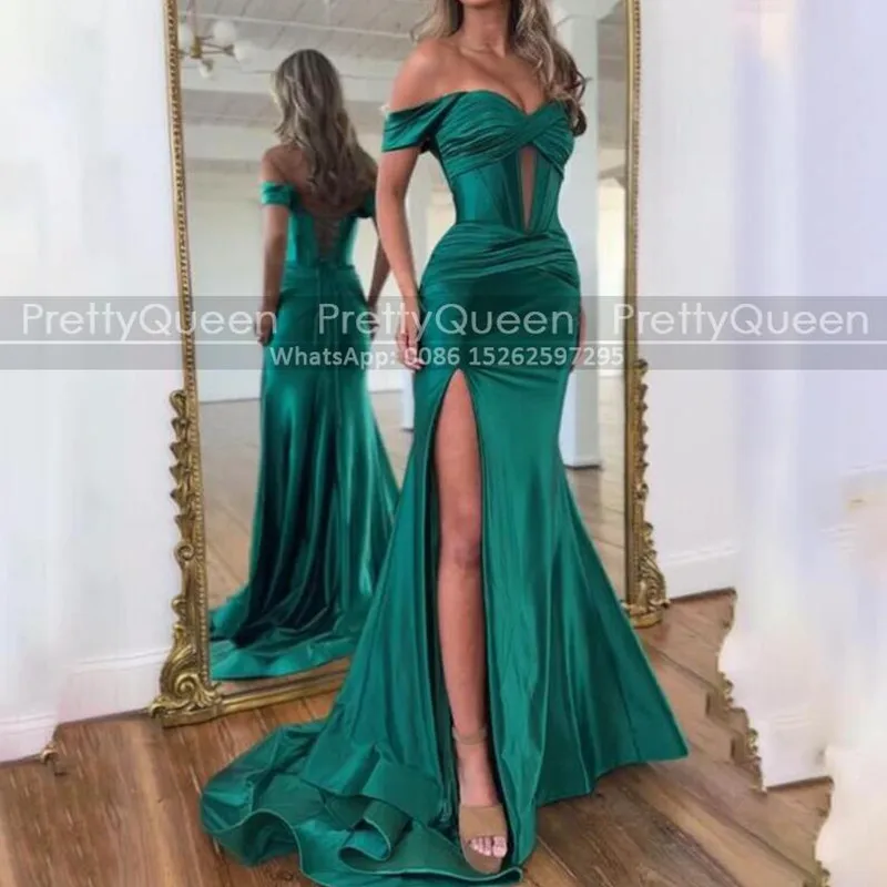 Customized Off Shoulder Bridesmaid Dresses Side Slit Mermaid Long Emerald Green Corset Back Wedding Party Dress
Customized Off Shoulder Bridesmaid Dresses Side Slit Mermaid Long Emerald Green Corset Back Wedding Party Dress