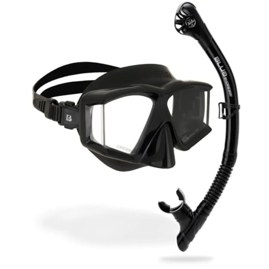 Panoramic Diving Mask and Snorkel Kit for snorkeling - silicone black - wide view top dry system horizon scilla design
Panoramic Diving Mask and Snorkel Kit for snorkeling - silicone black - wide view top dry system horizon scilla design