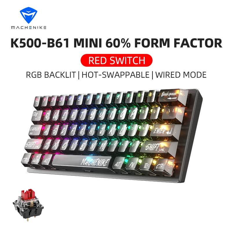 MACHENIKE K500-B61 60% Mini Mechanical Keybaord Transparent Keycaps Gaming Keybaord Wired Full Key Hot-Swappable RGB Backlit
MACHENIKE K500-B61 60% Mini Mechanical Keybaord Transparent Keycaps Gaming Keybaord Wired Full Key Hot-Swappable RGB Backlit
