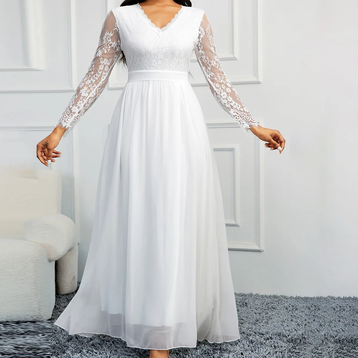 Women's Long Sleeve V Neck Low Back Lace Chiffon Wedding Bridesmaid Dress Formal Party Gown
Women's Long Sleeve V Neck Low Back Lace Chiffon Wedding Bridesmaid Dress Formal Party Gown