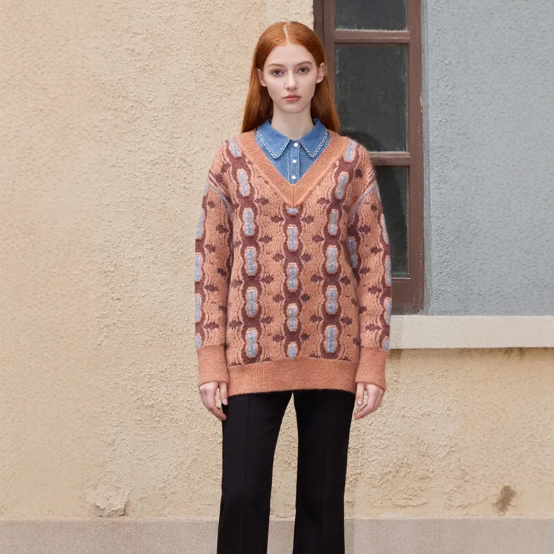 Высококачественный модный женский шерстяной теплый свитер с винтажным принтом, осенне-зимний, свободного кроя, с V-образным вырезом, пуловер, джемпер F623
Высококачественный модный женский шерстяной теплый свитер с винтажным принтом, осенне-зимний, свободного кроя, с V-образным вырезом, пуловер, джемпер F623