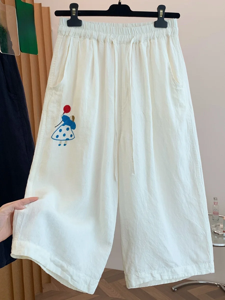Korean Style Embroidered Elastic Waist Wide Leg Pants Women's Summer Loose Fit Casual Trousers Cotton Linen Blend High Waist
Korean Style Embroidered Elastic Waist Wide Leg Pants Women's Summer Loose Fit Casual Trousers Cotton Linen Blend High Waist