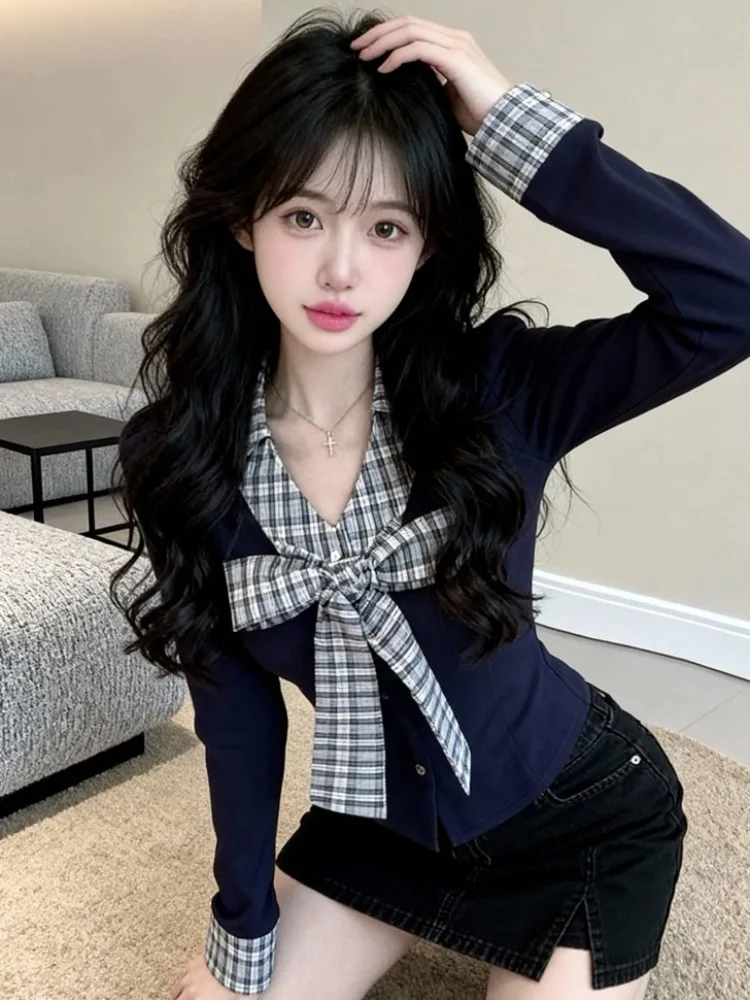 Spring New Plaid Color Block Design Slim Fit Long Sleeve T Shirt Women's Fashionable Casual Top V Neck Knot Detail
Spring New Plaid Color Block Design Slim Fit Long Sleeve T Shirt Women's Fashionable Casual Top V Neck Knot Detail