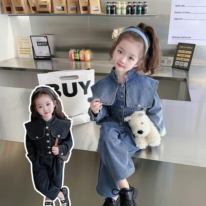 Spring Autumn Kids Jacket+Flared Pants Turn Down Collar Baby Pricess Outerwear TR02 Children Girls Denim Suit Single Breasted
Spring Autumn Kids Jacket+Flared Pants Turn Down Collar Baby Pricess Outerwear TR02 Children Girls Denim Suit Single Breasted