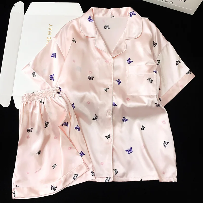 Butterfly Print Women Pajamas Set Summer Two-piece Pyjama Satin Silk Sleepwear Pajamas for Women Pijama with Shorts Loungewear
Butterfly Print Women Pajamas Set Summer Two-piece Pyjama Satin Silk Sleepwear Pajamas for Women Pijama with Shorts Loungewear