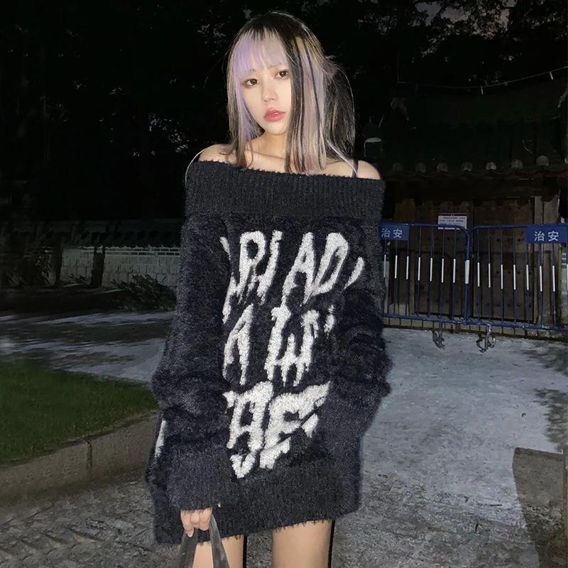 Japanese Harajuku Women Sweater Loose Slash Neck Thick Sweater Letters Black Punk Subculture Gothic Hot Girl Jumpers Sweaters
Japanese Harajuku Women Sweater Loose Slash Neck Thick Sweater Letters Black Punk Subculture Gothic Hot Girl Jumpers Sweaters