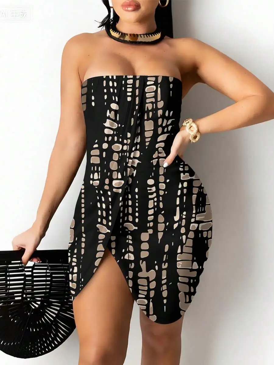 Strapless Abstract Print Bodycon Dress With Slit Summer Party Wear
Strapless Abstract Print Bodycon Dress With Slit Summer Party Wear