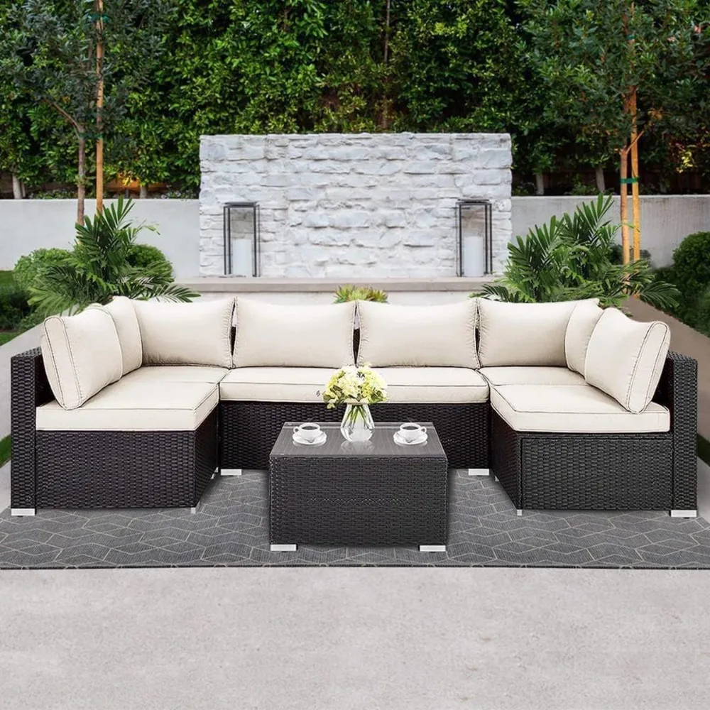 Patio Furniture Sets, 7PCS PE Rattan All Weather Sectional Conversation Sets with Chairs and Glass Table, Outdoor Furniture Sets
Patio Furniture Sets, 7PCS PE Rattan All Weather Sectional Conversation Sets with Chairs and Glass Table, Outdoor Furniture Sets