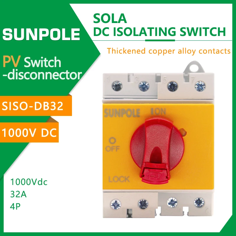 2P 32A 600V 4P 32A 1000V 1200V Solar DC Disconnect Switch Isolator switch Lockable Din Rail
2P 32A 600V 4P 32A 1000V 1200V Solar DC Disconnect Switch Isolator switch Lockable Din Rail