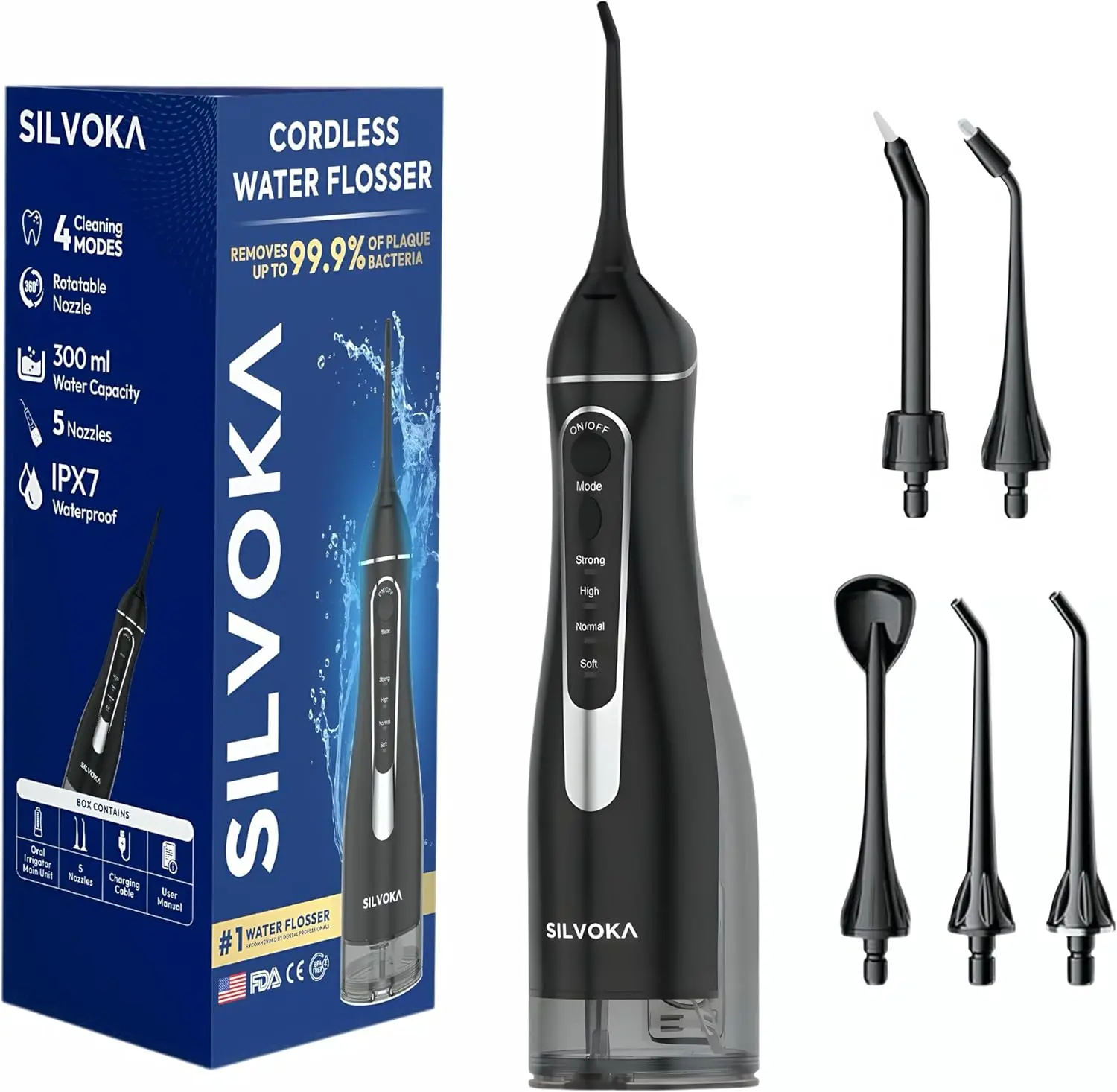 Cordless Water Flosser, 300ML Tank, 4 Modes, IPX7, Rechargeable Oral Irrigator for Teeth & Gums (Black)
Cordless Water Flosser, 300ML Tank, 4 Modes, IPX7, Rechargeable Oral Irrigator for Teeth & Gums (Black)