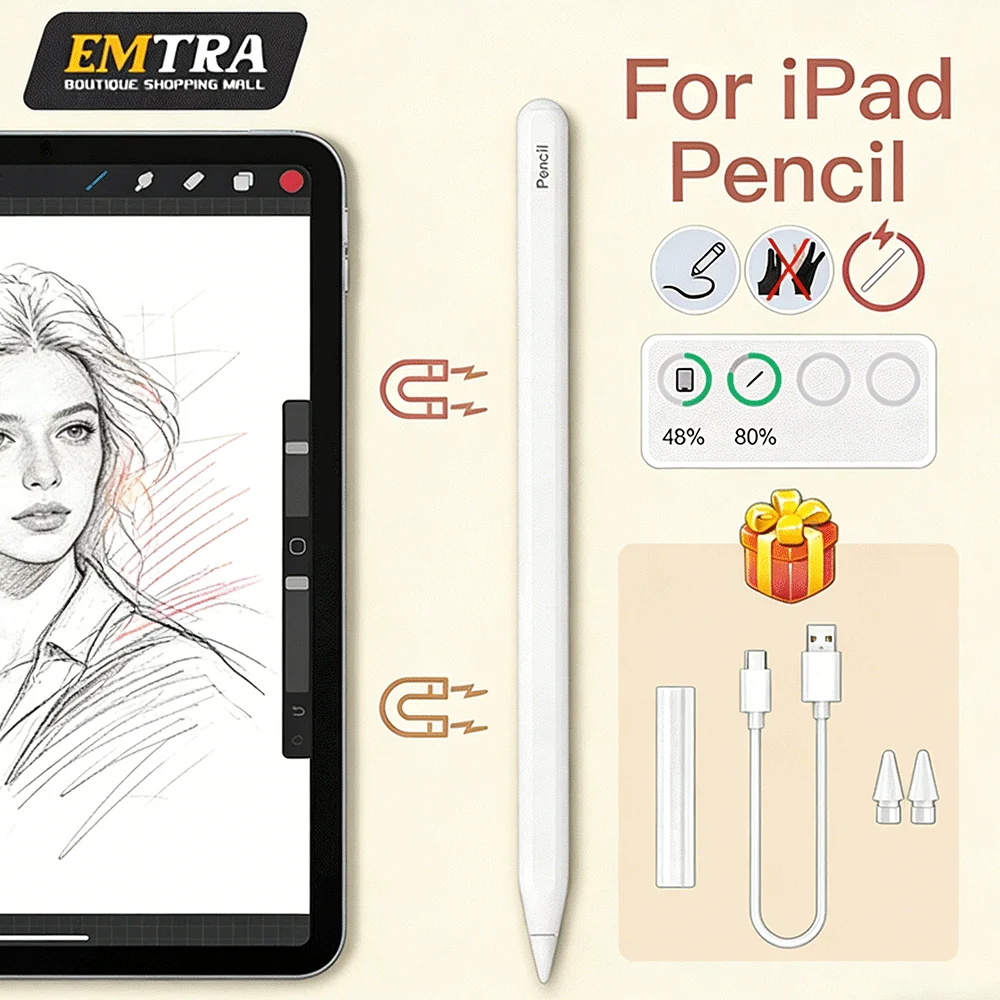 EMTRA для Apple Pencil с чувствительностью наклона, магнитная зарядка, стилус с отклонением ладони, ручка для iPad Air/Pro/Mini для IPad Pencil
EMTRA для Apple Pencil с чувствительностью наклона, магнитная зарядка, стилус с отклонением ладони, ручка для iPad Air/Pro/Mini для IPad Pencil
