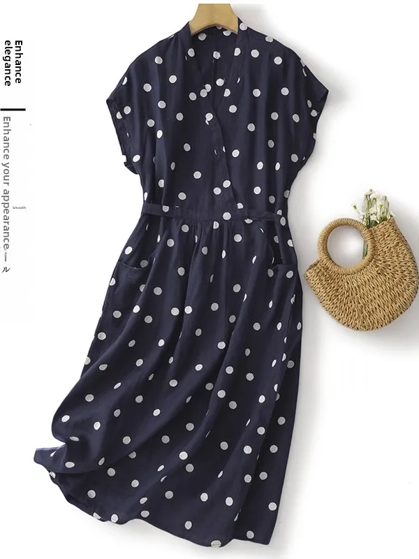 Summer New Vintage V-neck Cotton Lin Polka Dot Dress Slimming A-line Skirt High Waist Short Sleeve Mid-length Casual Dress
Summer New Vintage V-neck Cotton Lin Polka Dot Dress Slimming A-line Skirt High Waist Short Sleeve Mid-length Casual Dress