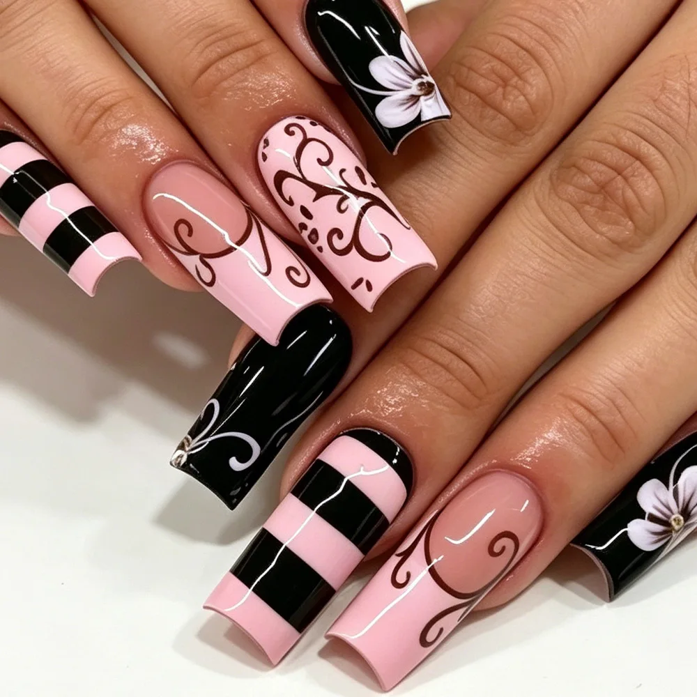 24PCS Pink Black Striped Scroll Floral Press on Nails Vintage Swirl Line White Flower Print Design False Nails for Elegant Y2K
24PCS Pink Black Striped Scroll Floral Press on Nails Vintage Swirl Line White Flower Print Design False Nails for Elegant Y2K