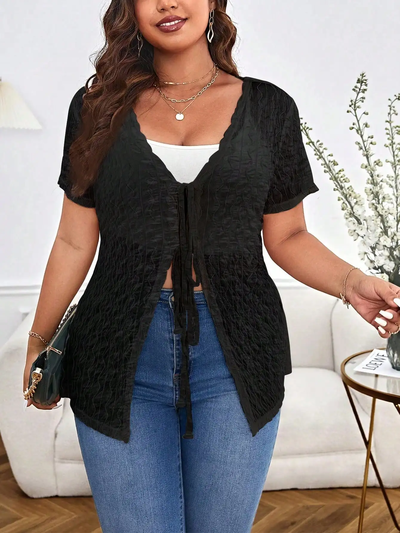 Spring Summer Plus Size Women Vacation Casual Textured Sheer V Neck Tie Front Short Sleeve Kimono Cardigan Lightweight Beach Daily Outfit
Spring Summer Plus Size Women Vacation Casual Textured Sheer V Neck Tie Front Short Sleeve Kimono Cardigan Lightweight Beach Daily Outfit