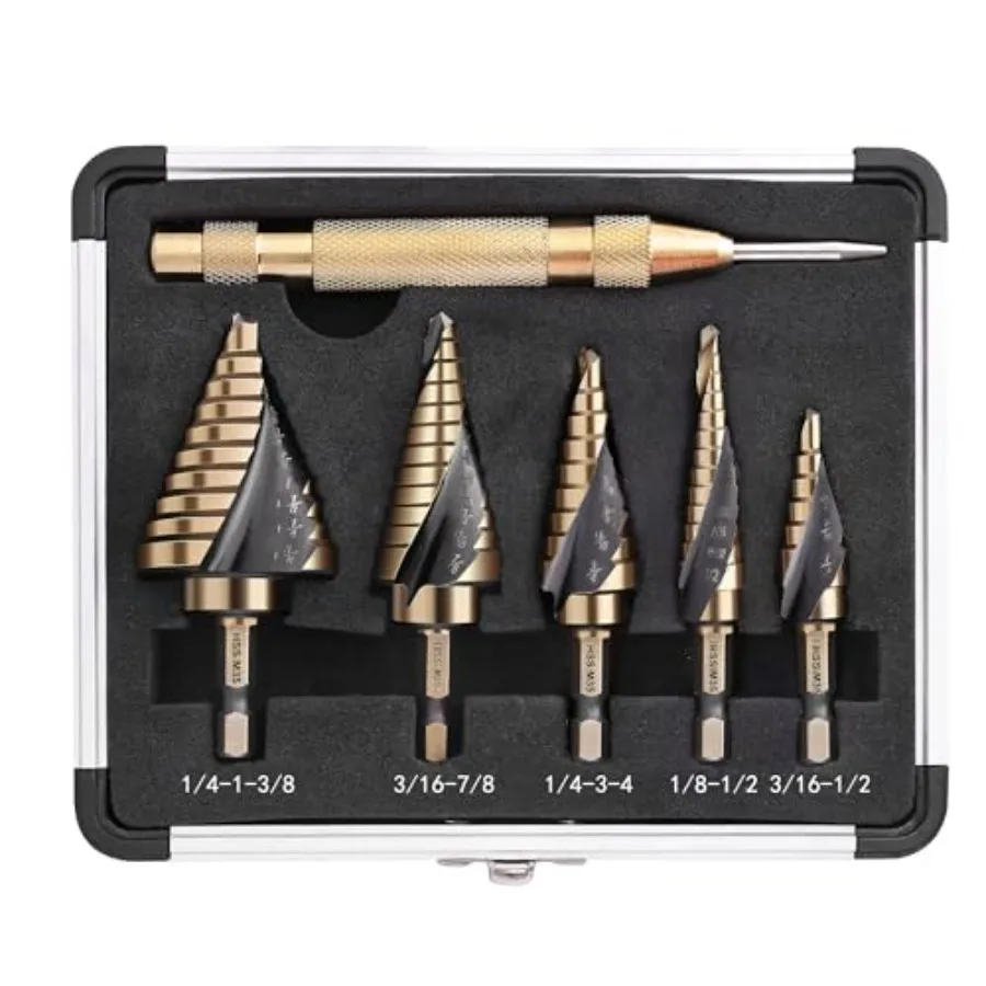Cobalt Step Drill Bit Set Hex Shank Step Drill Bit with Automatic Center Punch for Metal Stainless Steel Aluminum Wood and Plas
Cobalt Step Drill Bit Set Hex Shank Step Drill Bit with Automatic Center Punch for Metal Stainless Steel Aluminum Wood and Plas