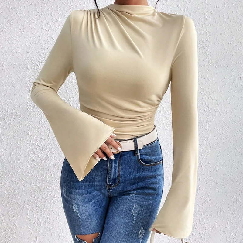 Trendy Flare Sleeve Pleated Women T-Shirt Korean Fashion Stand Collar Pleated Tops Simple Versatile Solid Color Women's Clothing
Trendy Flare Sleeve Pleated Women T-Shirt Korean Fashion Stand Collar Pleated Tops Simple Versatile Solid Color Women's Clothing