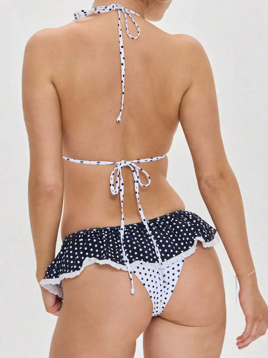 Womens Polka Dot Ruffle Trim Halter Triangle Bikini Set With Skort Bottom
Womens Polka Dot Ruffle Trim Halter Triangle Bikini Set With Skort Bottom