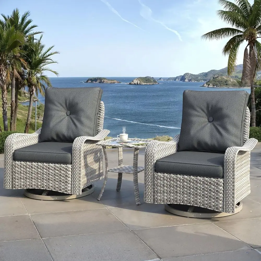 Outdoor Wicker 3-Piece Patio Furniture Set with High Back Swivel Rockers and Side Table, Thick Cushions, All-Weather PE Rattan,
Outdoor Wicker 3-Piece Patio Furniture Set with High Back Swivel Rockers and Side Table, Thick Cushions, All-Weather PE Rattan,