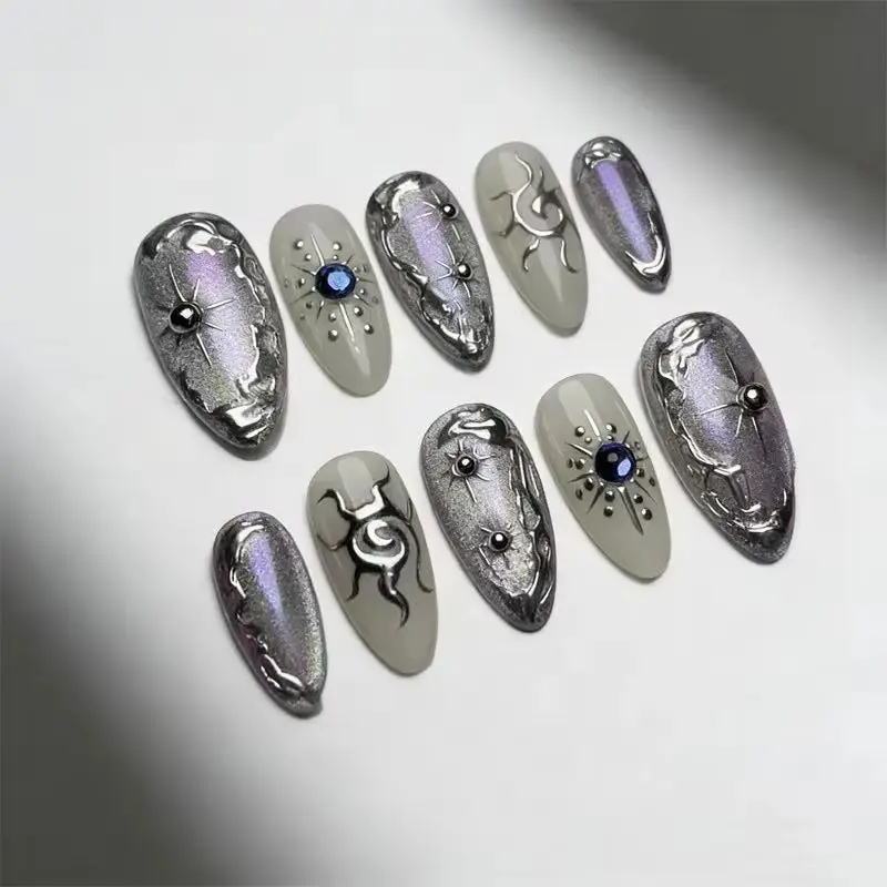 24PCS High-quality Almond Press on Nails Sweet Cool Metallic Silver Star Patterns False Nails Dark Cat Eye Fake Nails Detachable
24PCS High-quality Almond Press on Nails Sweet Cool Metallic Silver Star Patterns False Nails Dark Cat Eye Fake Nails Detachable