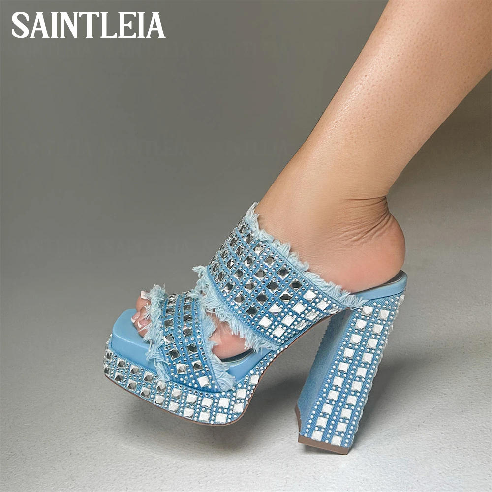 Denim Rhinestone Platform Slippers Square Toe Chunky Heel Luxurious Mules Handmade Rhinestone Denim Summer Slippers for Women
Denim Rhinestone Platform Slippers Square Toe Chunky Heel Luxurious Mules Handmade Rhinestone Denim Summer Slippers for Women