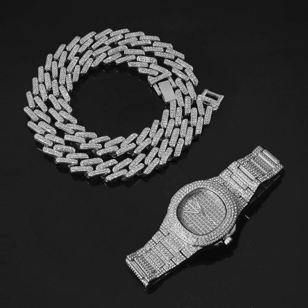 Hip Hop Miami Curb Cuban Chain Choker Gold Sliver Iced Out Paved Rhinestone Bling Rapper for Men Fashion Watch Necklace Bracelet
Hip Hop Miami Curb Cuban Chain Choker Gold Sliver Iced Out Paved Rhinestone Bling Rapper for Men Fashion Watch Necklace Bracelet