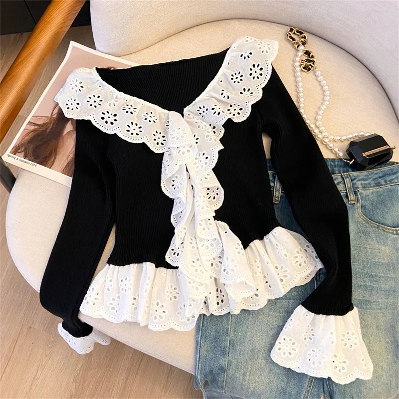 Color Blocking Lace Trumpet Sleeve Knitted Sweater For Women's Spring Autumn New Small Fragrance Versatile Long Sleeved Top
Color Blocking Lace Trumpet Sleeve Knitted Sweater For Women's Spring Autumn New Small Fragrance Versatile Long Sleeved Top