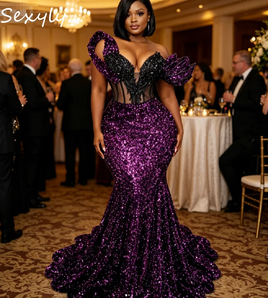 Plus Size Purple Sequin Mermaid Prom Dress Off Shoulder African Evening Gown with Sheer Mesh Bodice for Formal Events Birthday
Plus Size Purple Sequin Mermaid Prom Dress Off Shoulder African Evening Gown with Sheer Mesh Bodice for Formal Events Birthday