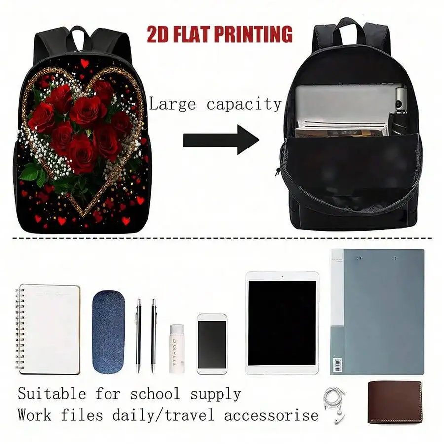 Red Rose Heart Print Backpack With Large Capacity For Daily Use Travel School
Red Rose Heart Print Backpack With Large Capacity For Daily Use Travel School
