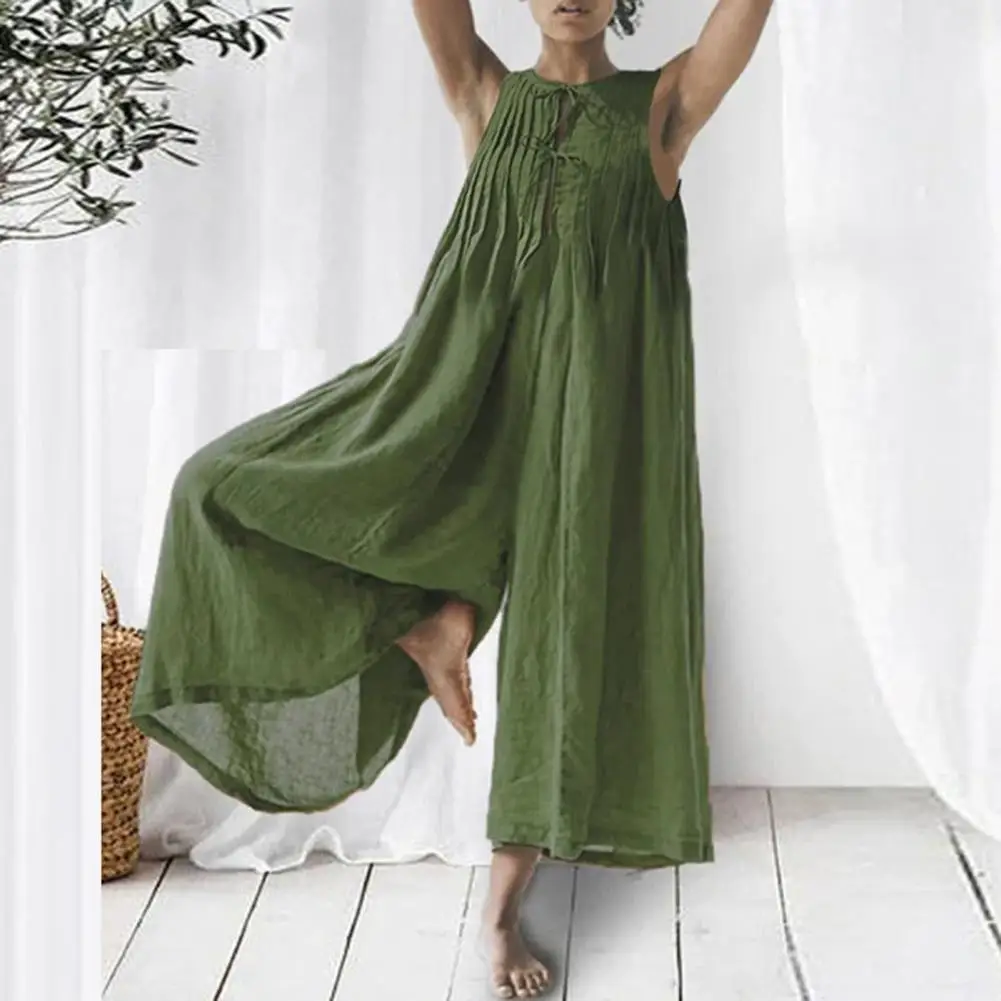 Elegant Long Wide Leg Pants Jumpsuit Retro Pleated Loose Sleeveless Front Lace-up Thin Lady Overalls Boho Beach Playsuit 2024
Elegant Long Wide Leg Pants Jumpsuit Retro Pleated Loose Sleeveless Front Lace-up Thin Lady Overalls Boho Beach Playsuit 2024