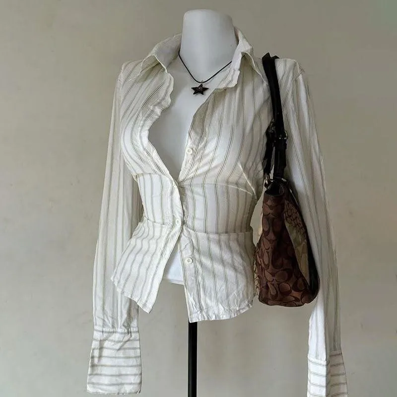 Navy Blue Blouse Striped Stand Collar Blouses Cropped Fit Oversized Silhouette Button Up Shirt Ruched Waist Long Sleeve Front
Navy Blue Blouse Striped Stand Collar Blouses Cropped Fit Oversized Silhouette Button Up Shirt Ruched Waist Long Sleeve Front