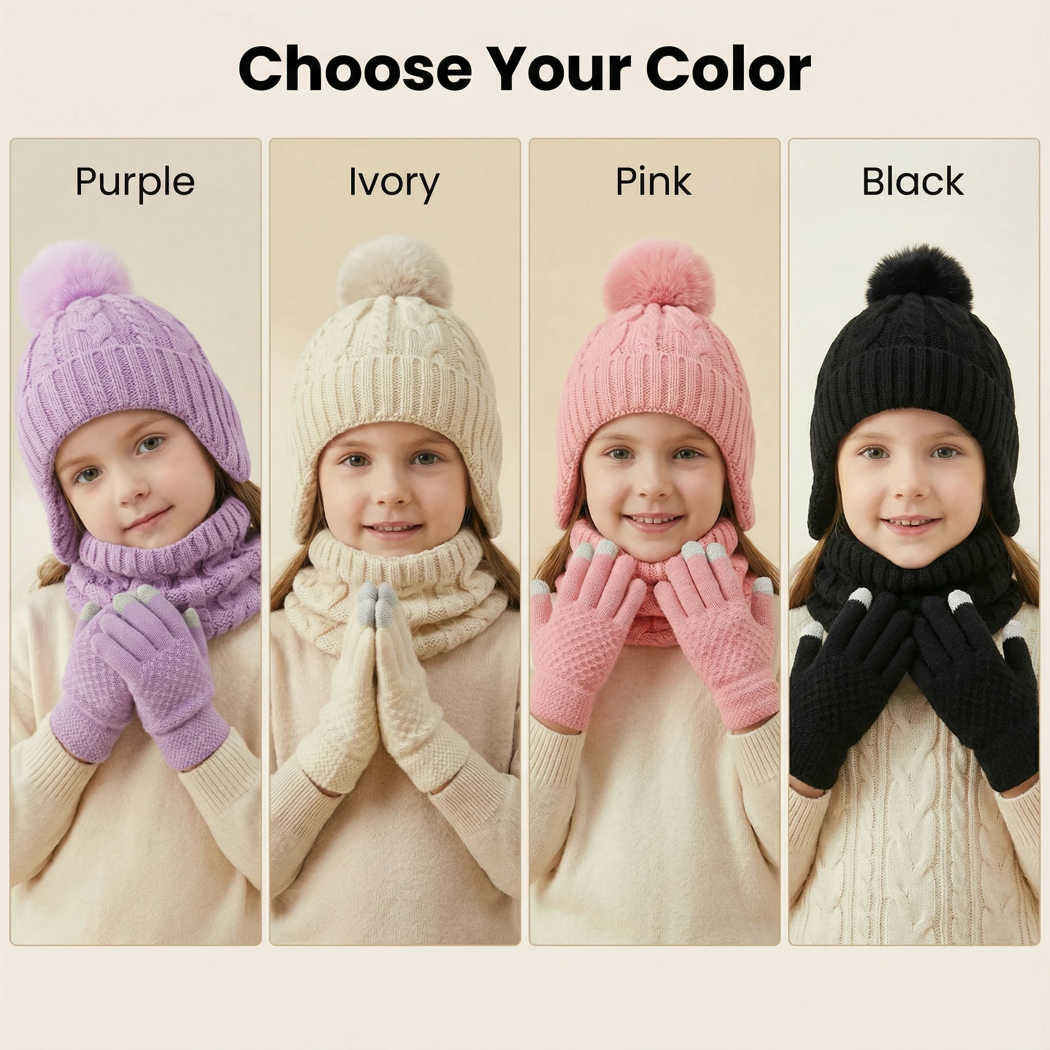 A set of winter warm hats, scarves and gloves, children's wool knitted three-piece set
A set of winter warm hats, scarves and gloves, children's wool knitted three-piece set