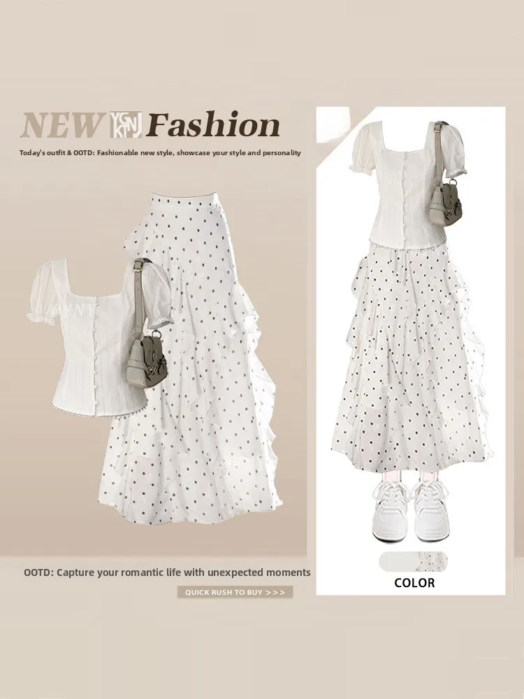 Summer White Polka Dot Bubble Sleeve Square Collar Slim Fit Top And Loose Half Skirt Two Piece Set Women's Fashion Ensemble
Summer White Polka Dot Bubble Sleeve Square Collar Slim Fit Top And Loose Half Skirt Two Piece Set Women's Fashion Ensemble