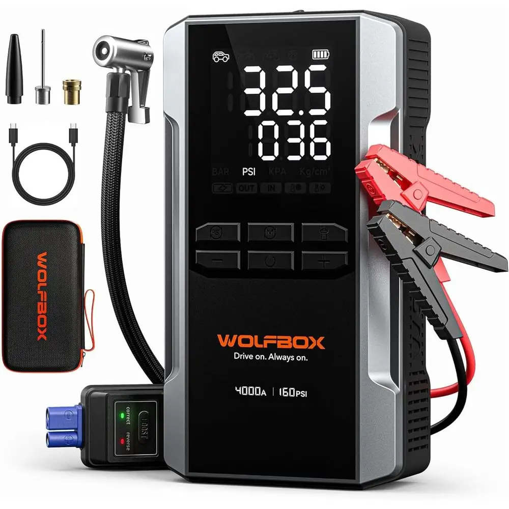 Portable 12V Jump Starter with 160PSI Air Compressor, 88.8Wh Power Bank, Fast Charging, Tire Inflator, Jumper Cables, LED Light
Portable 12V Jump Starter with 160PSI Air Compressor, 88.8Wh Power Bank, Fast Charging, Tire Inflator, Jumper Cables, LED Light